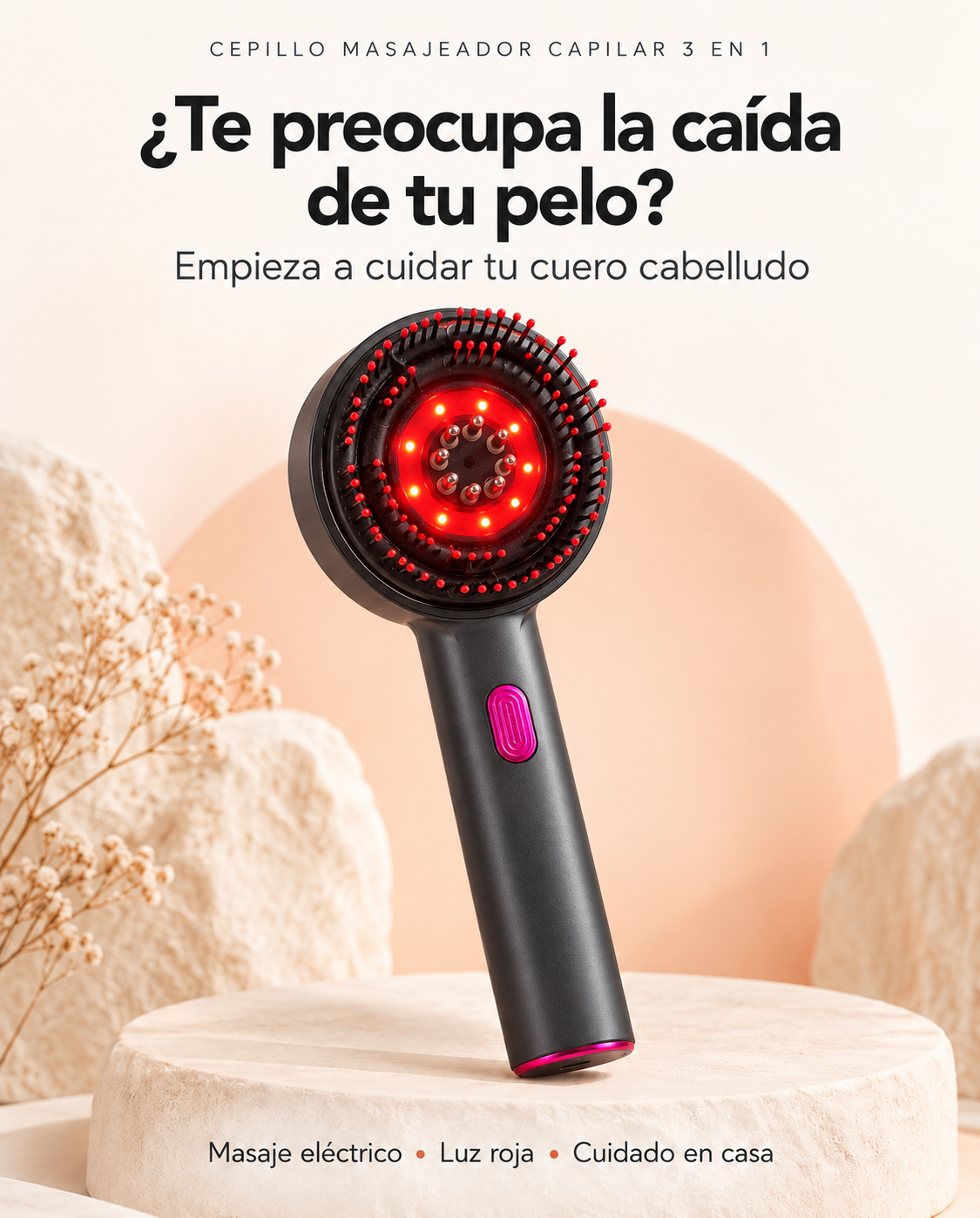 Cepillo Masajeador Capilar 3 en 1 con Luz Roja
