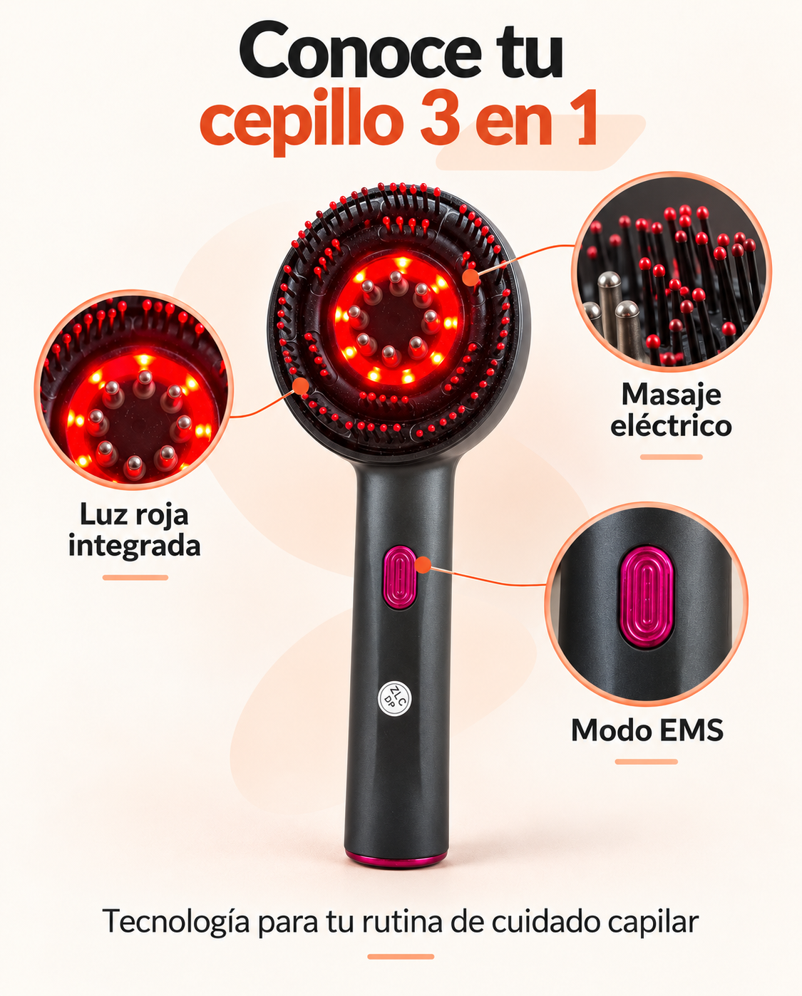 Cepillo Masajeador Capilar 3 en 1 con Luz Roja
