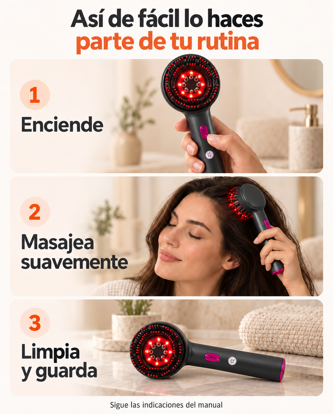Cepillo Masajeador Capilar 3 en 1 con Luz Roja